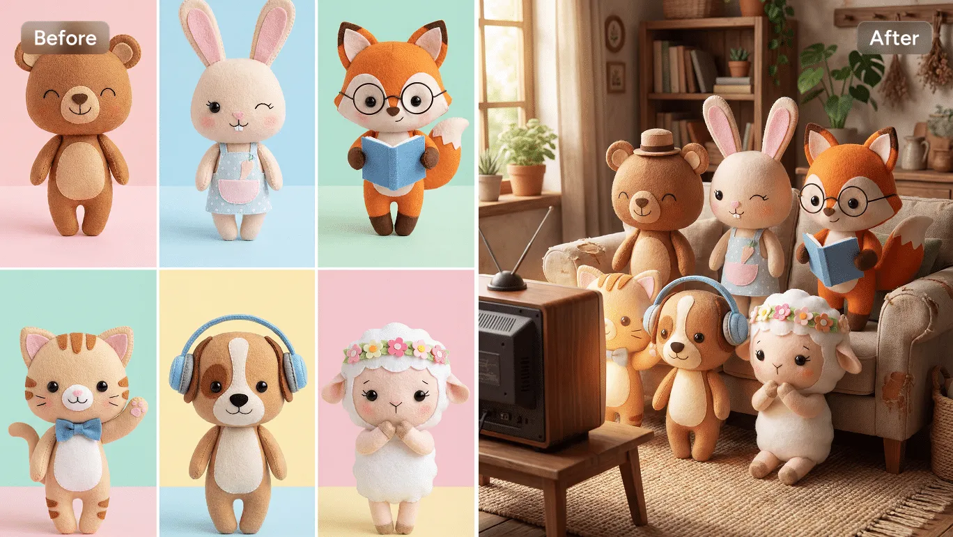 effet avant/après combinant six personnages de dessin animé en une seule image avec Nano Banana Pro